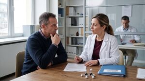 Participante y médica investigadora revisan el consentimiento antes de un primer ensayo clínico en humanos.