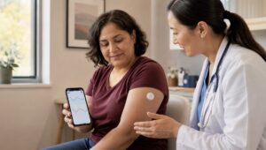 Persona con diabetes y médica interpretan datos continuos de glucosa y cetonas enviados por un sensor.