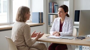 Médica escucha atentamente el relato de una paciente durante una consulta clínica