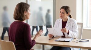 Médica y paciente interpretan una curva estadística y un umbral clínico durante una conversación